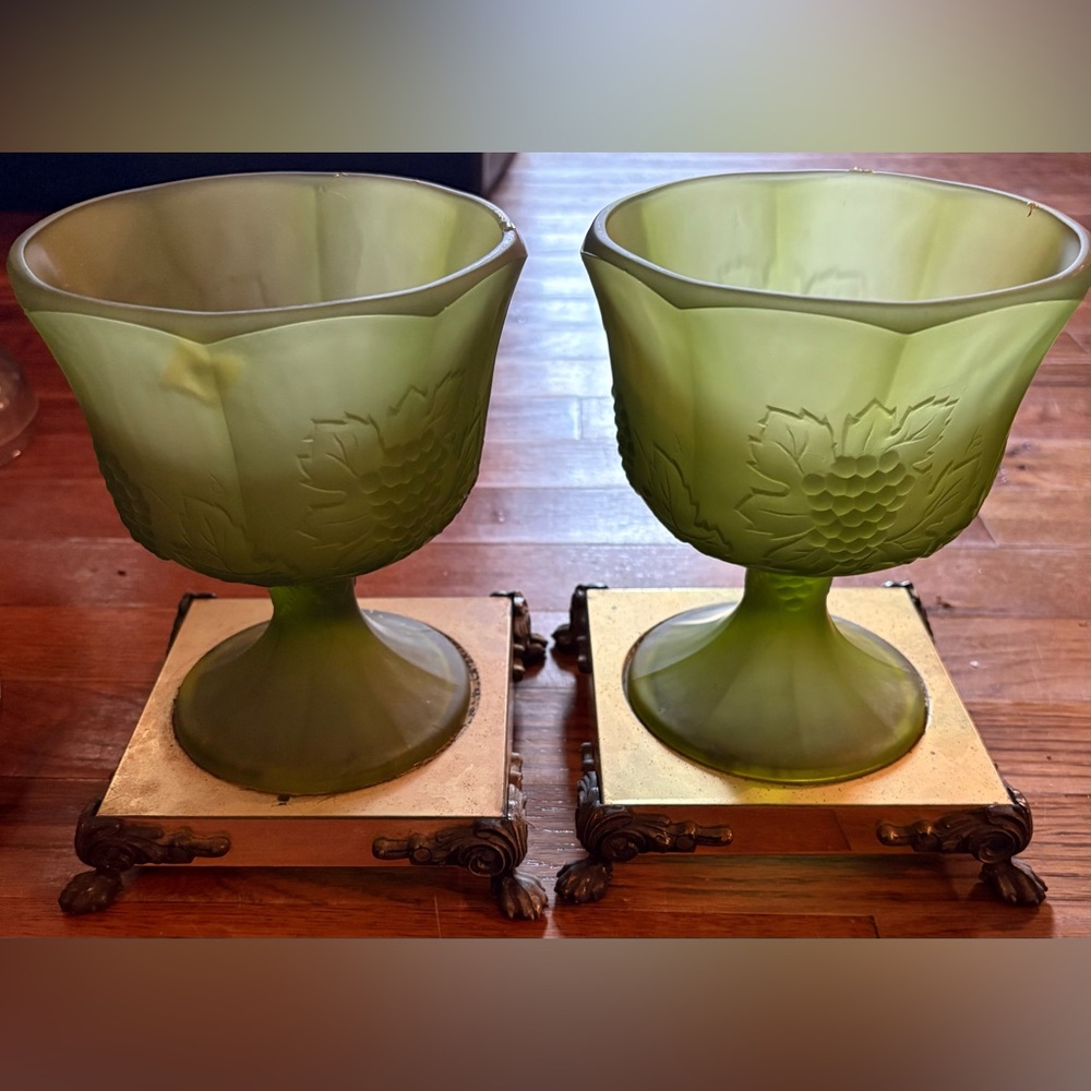 Green Frosted Compote/Candy Dish w/pedestal on brass base, Vintage